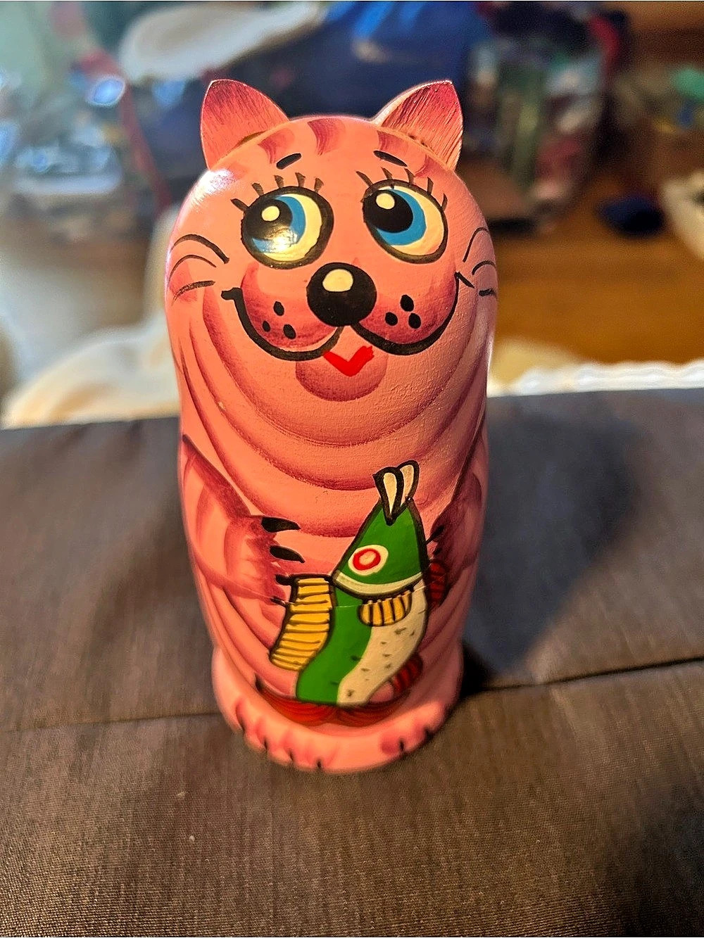 Hand-Painted Cat Decor in Pink & Green Nesting Doll